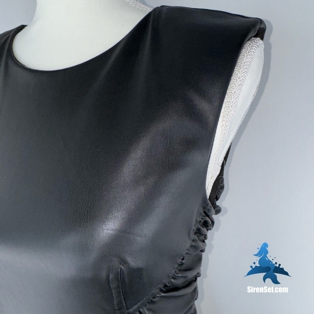 1069 NWOT Zara Black Faux Leather Dress w/Ruching - Picture 4 of 16